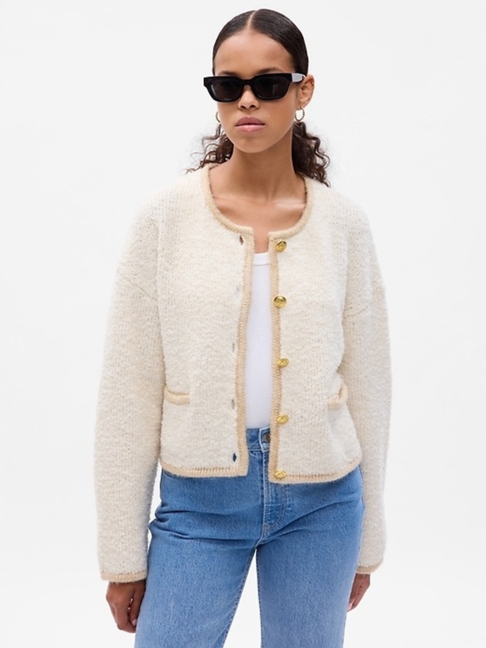Gap Boucle Cropped Sweater Jacket in Chino Beige
